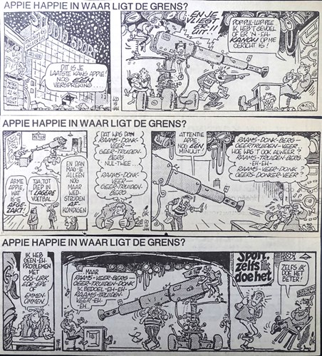 Appie Happie - krantenuitgaves  - Aooie Happie waar ligt de grens, Krantenknipsel, Eerste druk (1986) (Haagse Courant)